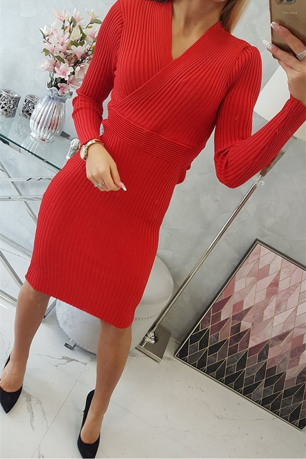 Gem V-neck Ribbed Knit Midi Dress