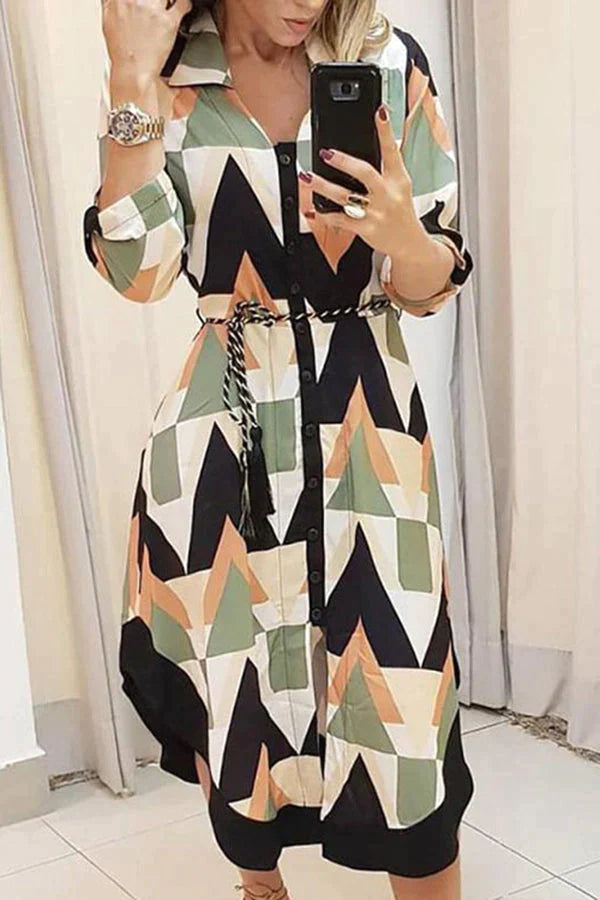 Find You Well Printed Belt Shirt Midi Dress