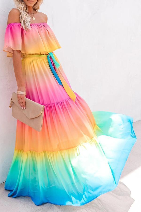 Elegant Off Shoulder Rainbow Dress