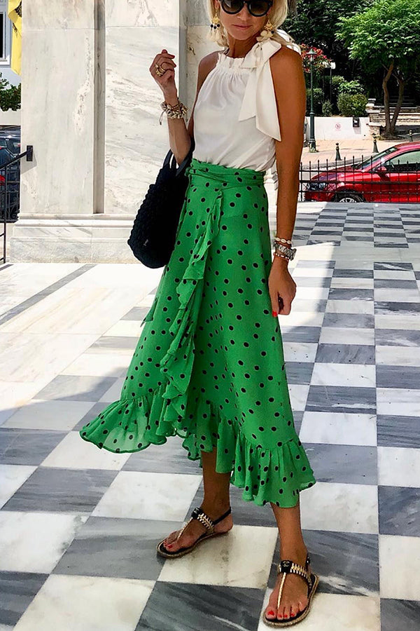 Pop of Geeen Polka Dots Ruffle Tie Front Elastic Waist Midi Skirt