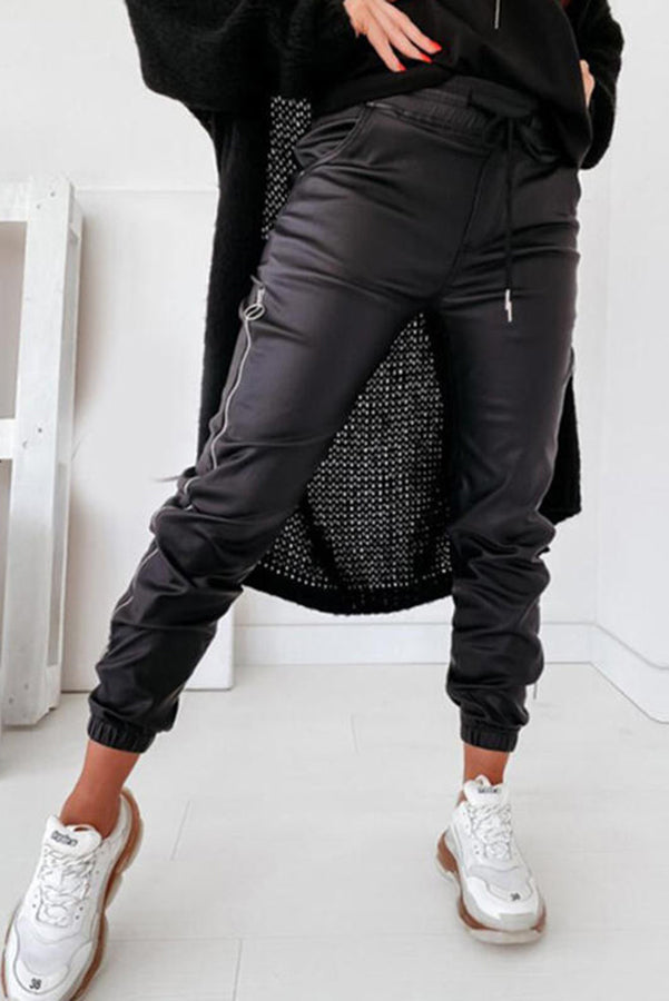 Liya Zipper Design Drawstring Ruched PU Pants