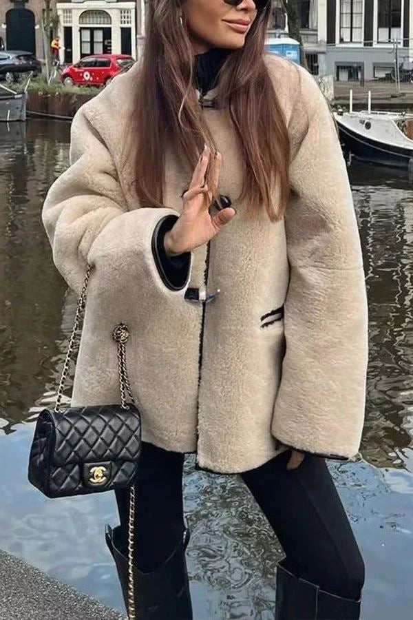 Button Pocket Fur Crew Neck Long Sleeve Loose Coat