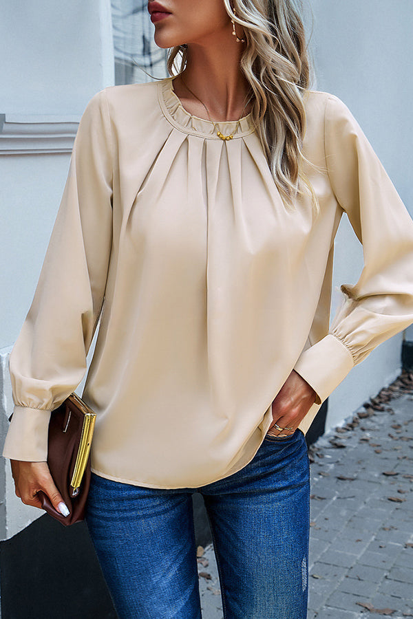 Elegant Round Neck Pleated Long Sleeve Solid Color Top