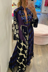 Creative Colorblock Print Long Sleeve Pocketed Shirt Maxi Dress