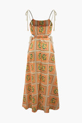 Orange Summer Printed Linen Blend Cutout Tie-up Design Maxi Dress