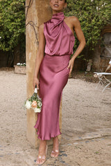 Perfectly Yours High Neck Elastic Waist  Satin Drape Maxi Dress