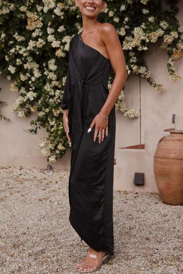 Endearing Romance Satin One Shoulder Front Tie Up Slit Maxi Dress