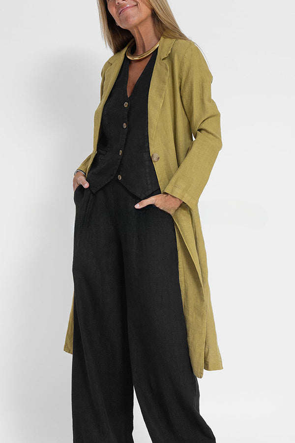 Vintage Linen Blend Pocketed Lightweight Midi Blazer Coat