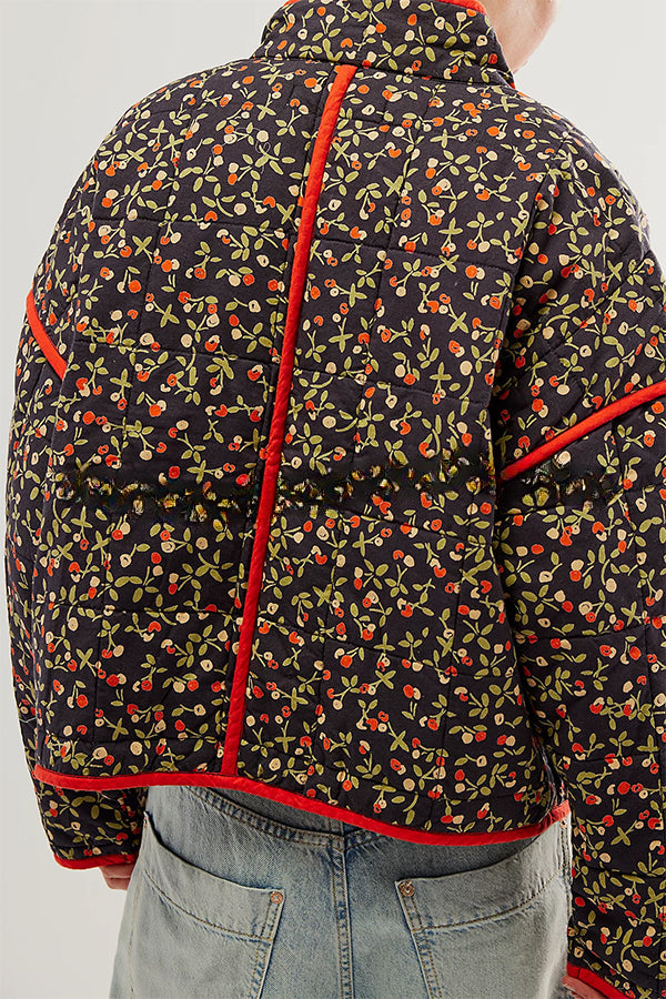 Floral Print Pocket Contrast Concealed Button Cotton Coat