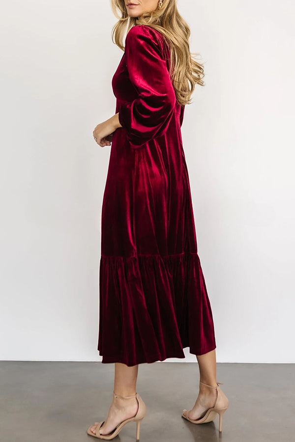 Erika Puff Sleeved Velvet Ruffled Midi Dress