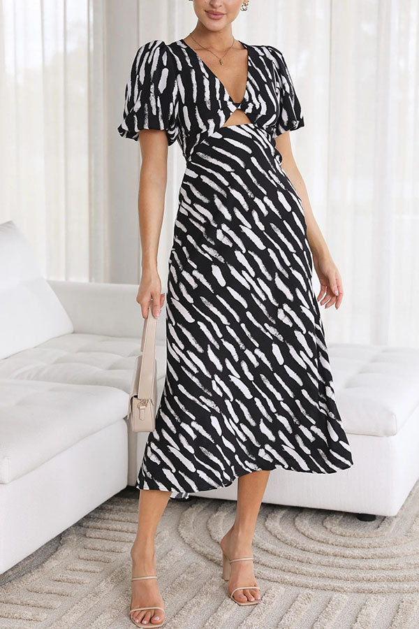 Sweetest Hello Printed Balloon Sleeves Twist Midi Dress