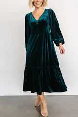 Erika Puff Sleeved Velvet Ruffled Midi Dress