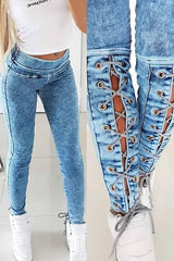 Nia High Rise Elastic Waist Eyelet Lace-up Skinny Stretch Jeans