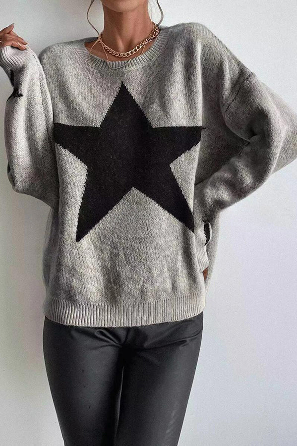 Essnce Star Pattern Crew Neck Long Sleeve Sweater