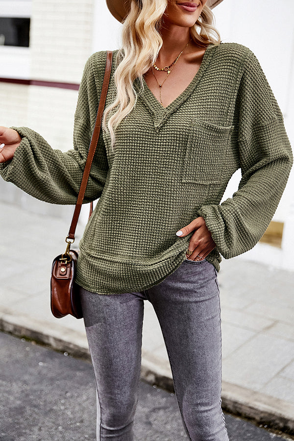 Snao V Neck Knitted Patchwork Pocket Long Sleeve Top