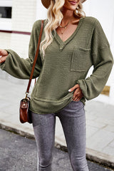 Snao V Neck Knitted Patchwork Pocket Long Sleeve Top