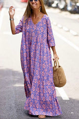 Fashion Pattern Printed Half Sleeve Loose Swing Maxi Dresse