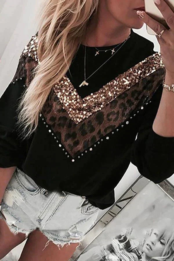 Sequined Leopard Panel Top