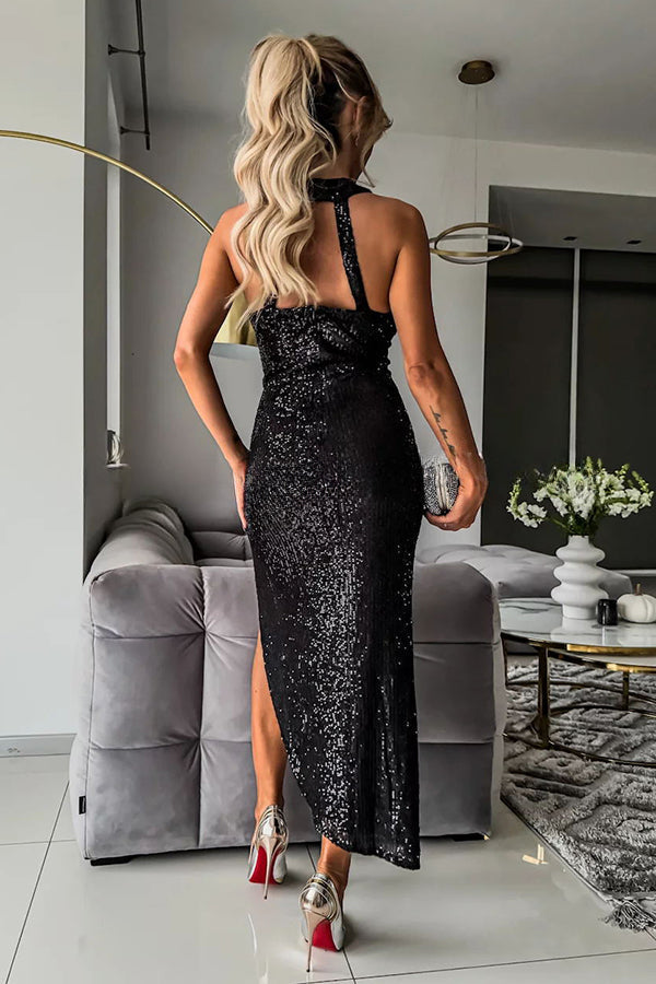 Born To Be A Star – Asymmetrisches Midikleid mit Pailletten, Netzstoff, Cut-Outs in der Taille und Neckholder