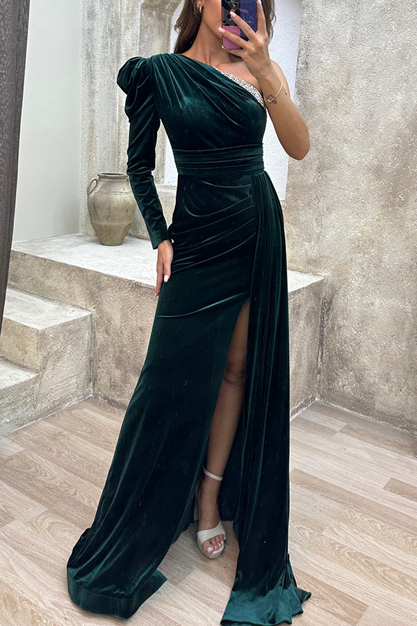 Mysterious Lady Velvet One Shoulder Sequin Trim Ruched Slit Maxi Dress