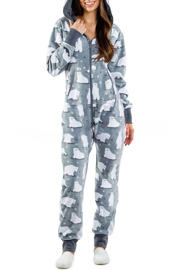 Loungewear-Overall mit Weihnachtsdruck, Reißverschlusstaschen und Kapuze