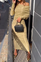 Golden Light One Shoulder Long Sleeve Ruched Stretch Maxi Dress