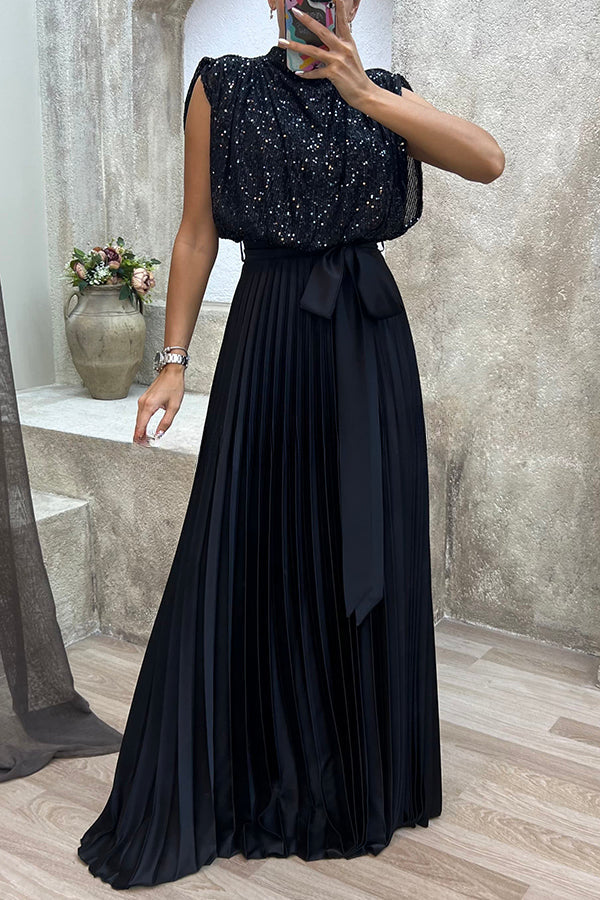 See You At The Party Sequin Patchwork Belt Pleated Maxi Dress