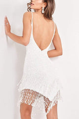 White Backless Fringe Sparkly Dress