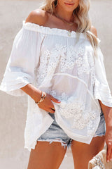 One Shoulder Lace Ruffle Sleeve Blouse