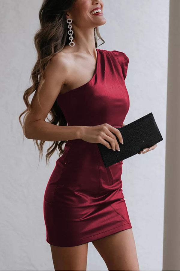 Night Angel Ruffle One Shoulder Leather Dress