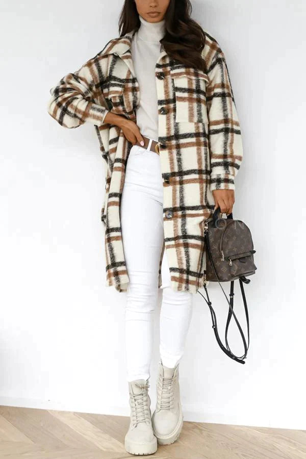 Women's  Woolen Plaid Trench Coat