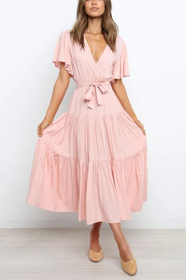 Elegant Flared Sleeve Tie Midi Dress