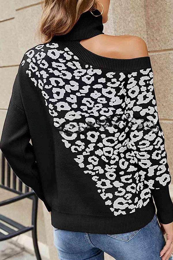 Best Mentor Leopard Print Long Sleeve One Shoulder Sweater