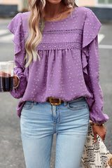 Textured Lace Fabric Ruffle Long Sleeve Blouse