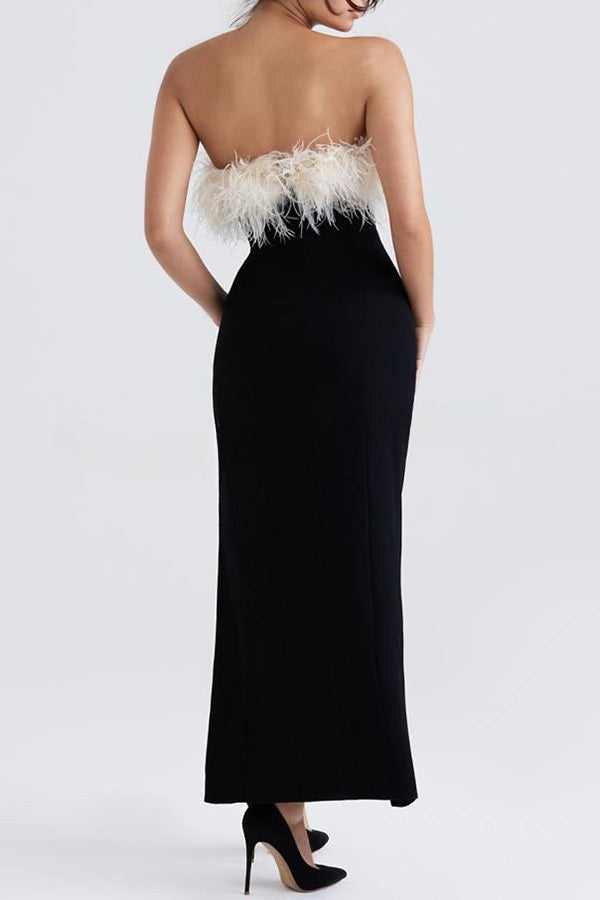 Sarai Thigh Slit Feather High Waisted Maxi Dress