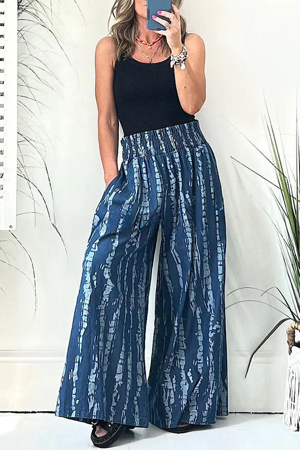 Fun Times Printed Pocketed Smocked Wide Leg Pants