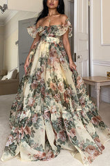 Castle Ballroom Tulle Floral Off Shoulder Ruffle Maxi Dress