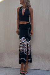 Wander Often Tie-dye Print Elastic Waistband Slit Stretch Maxi Skirt