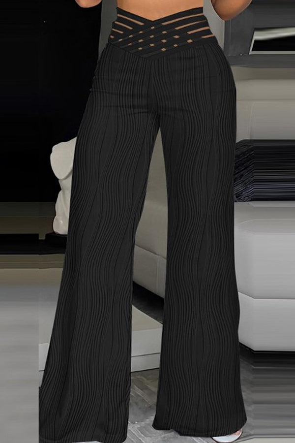 Emoto Crisscross Sheer Mesh Patch High Waist Flare Pants