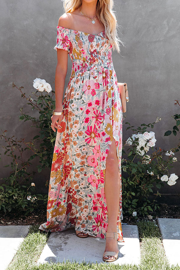 Put It In Print Smocked Slit Maxi Dress