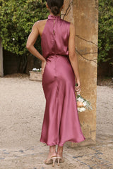 Perfectly Yours High Neck Elastic Waist  Satin Drape Maxi Dress