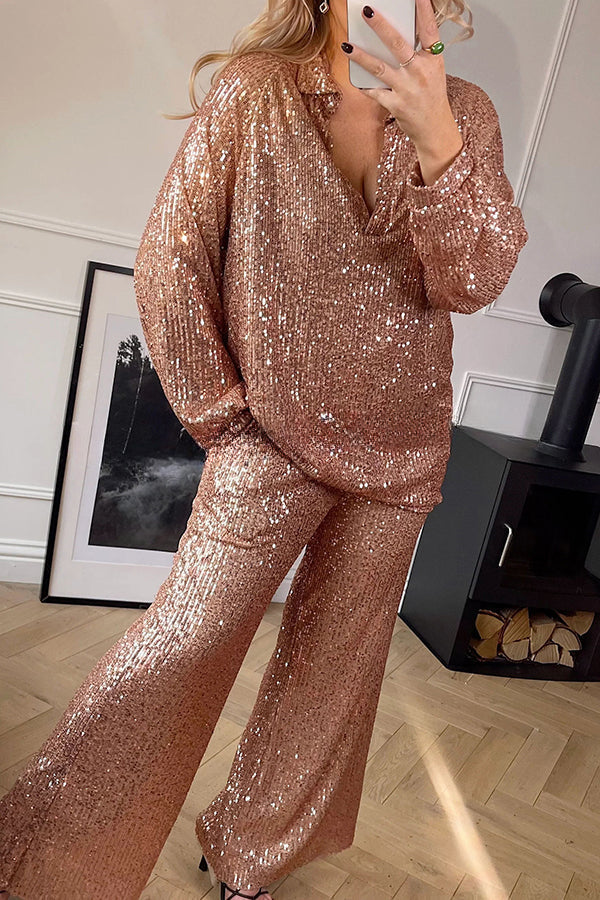 Party Energy Sequin Shirt Collar Loose Blouse