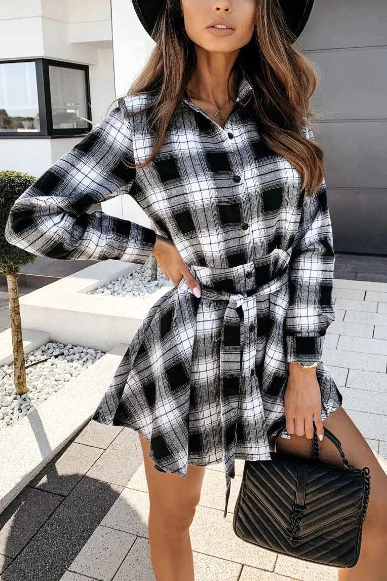 V Neck Plaid Shirt Dress