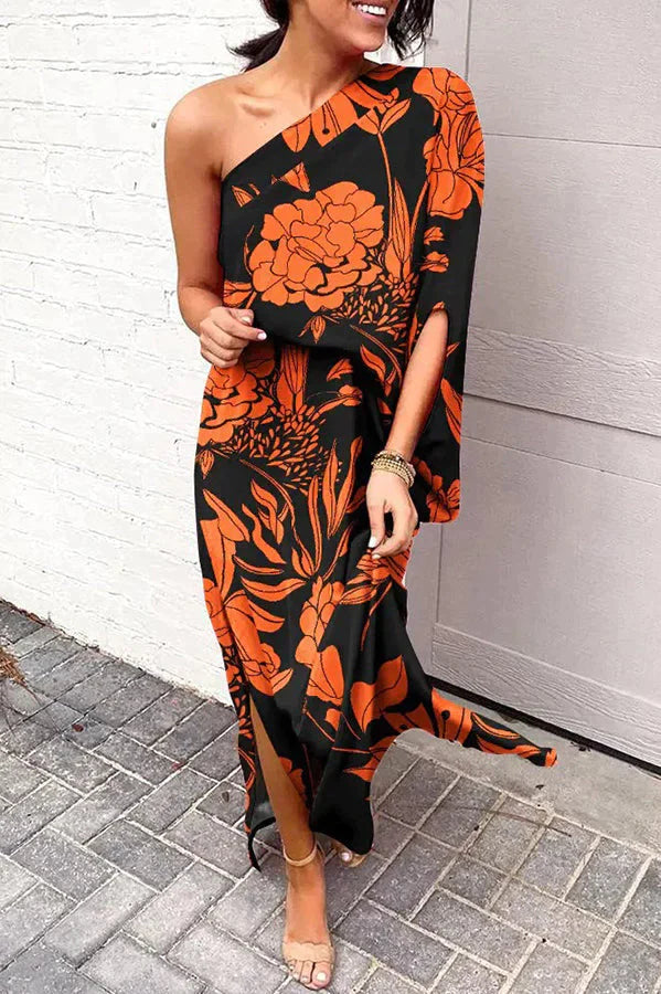 Rosie Printed One Shoulder Split Hem Maxi Dress