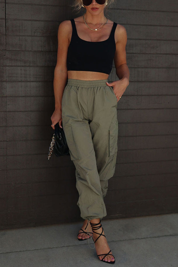 Rewind Nylon Elastic Waist Pocketed Cargo Pants