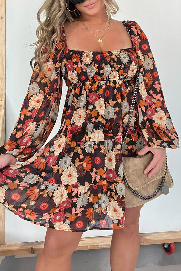 Autumn Leaves Layered Square Neck Long Sleeved Mini Dress