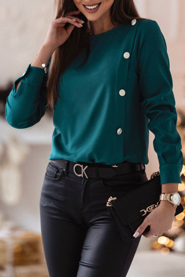 Solid Color Long Sleeve Crew Neck Button Down Shirt