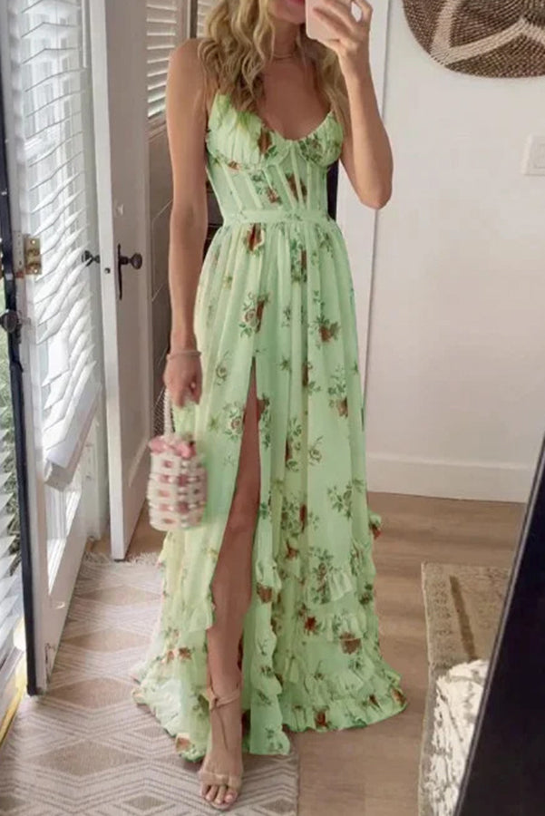 Palace Fairy Floral Corset Ruffle Layered Slit Maxi Dress