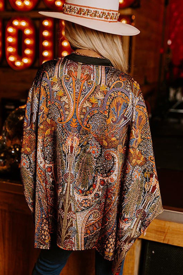 Boho Beauty Satin Abstract Print Dolman Sleeve Loose Blouse