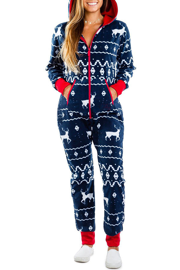 Loungewear-Overall mit Weihnachtsdruck, Reißverschlusstaschen und Kapuze